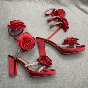 Top Moda Red Chunk Heels Size 7 Rosette Gladiator Sparkle Platform